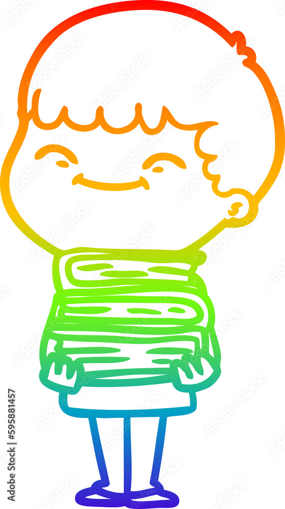 rainbow gradient line drawing of a cartoon happy boy with books rainbow gradient line drawing of a cartoon happy boy with books
