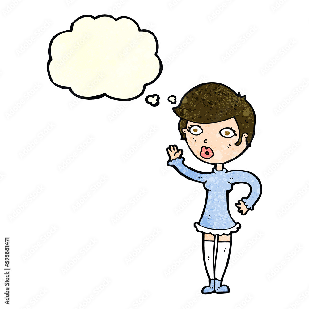 cartoon pretty woman waving with thought bubble cartoon pretty woman waving with thought bubble
