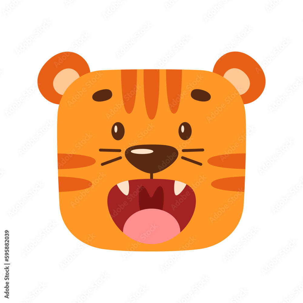Obraz premium A cartoon tiger yawns. Kawaii illustration of wild animal face. Simple clipart for children's design.