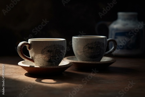 A pair of coffee cups on display. Generative AI