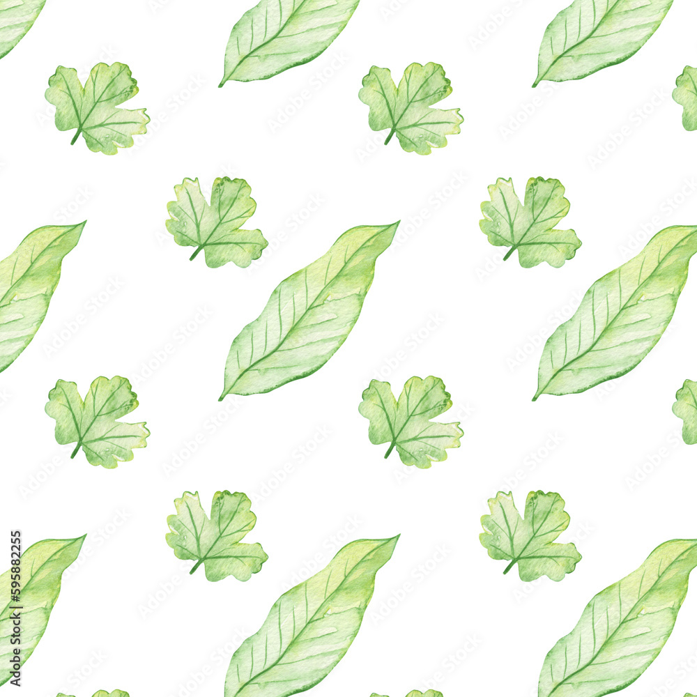 Obraz premium Pattern of watercolor green leaves elements.Botanical pattern solated on white background suitable for Wedding Invitation, save the date, thank you, or greeting card.