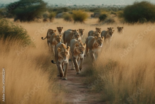 A pack of lions traversing the African grassland. Generative AI