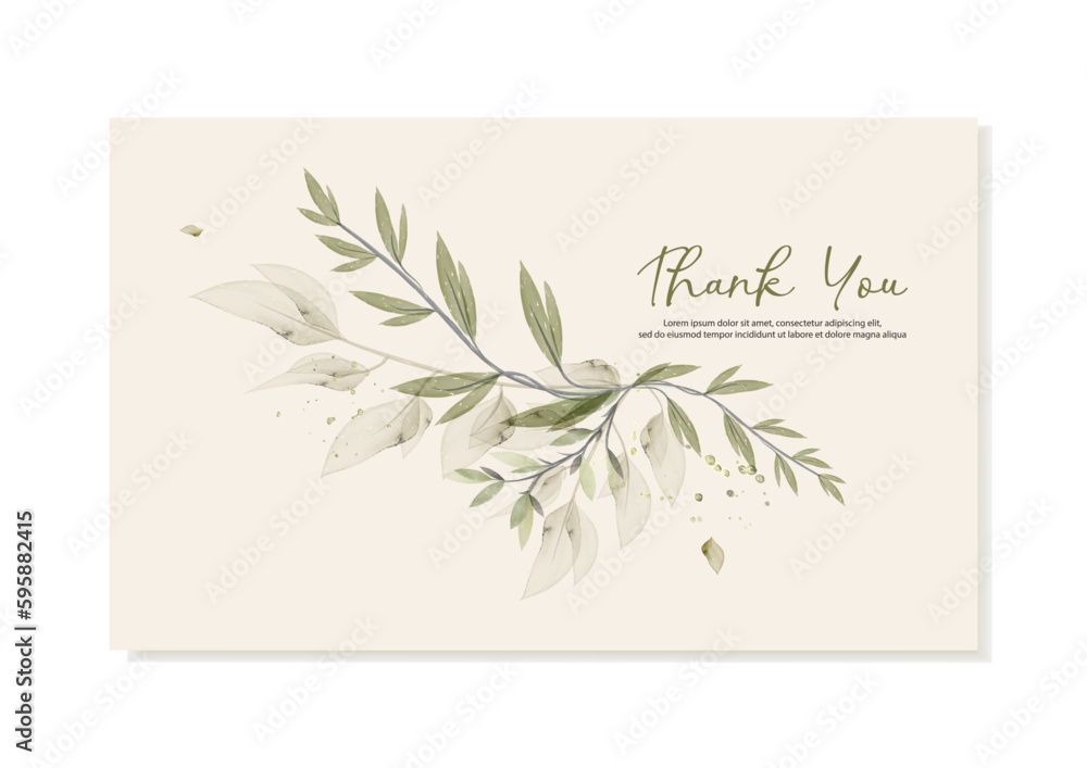 Thank you card with vector green watercolor leaves. Vector template.