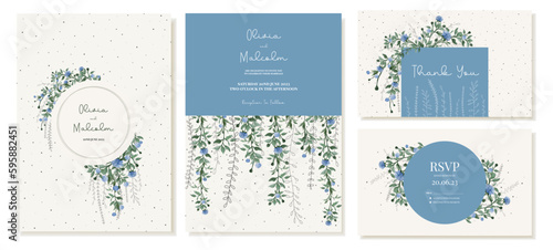 Rustic wedding invitation, thank you card and RSVP templates with dangling vines, leaves and blue flowers in natural colors. Vector