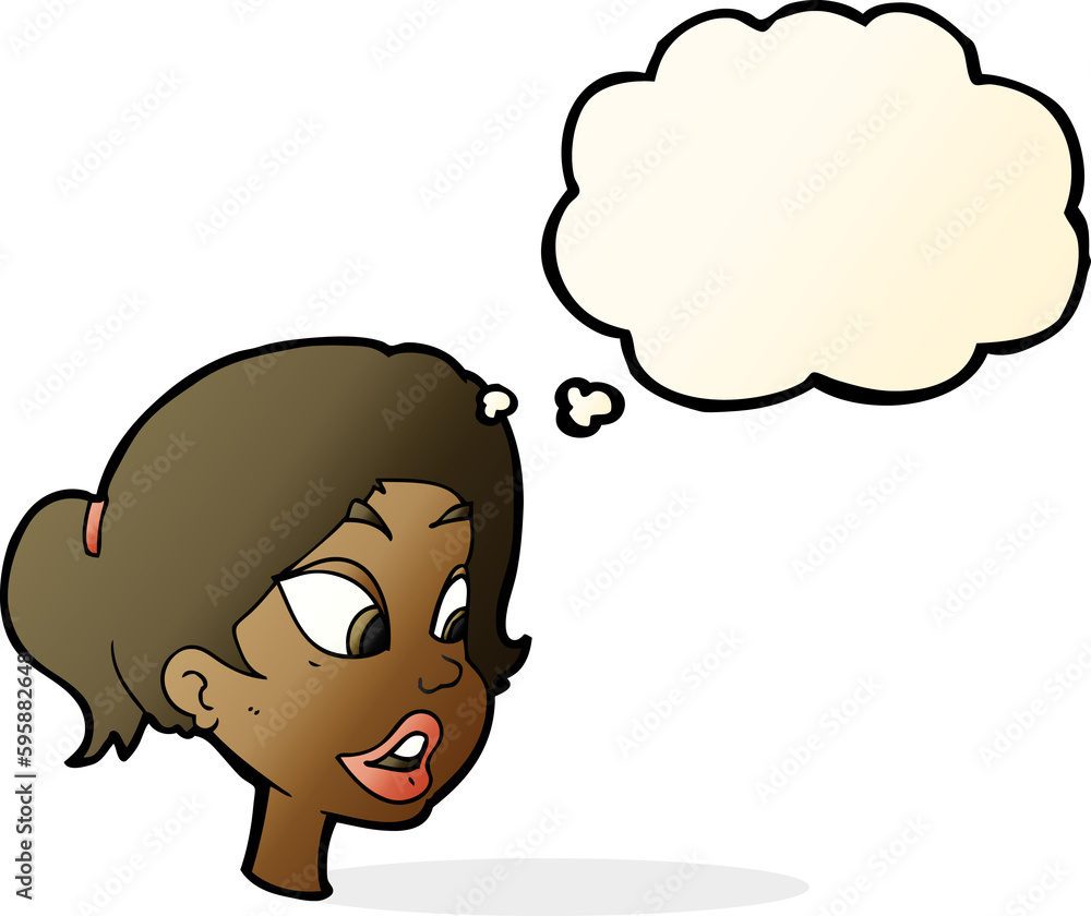 cartoon friendly woman with thought bubble cartoon friendly woman with thought bubble