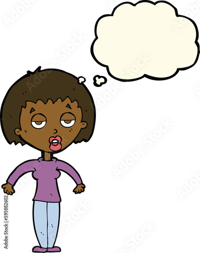 cartoon woman shrugging shoulders with thought bubble