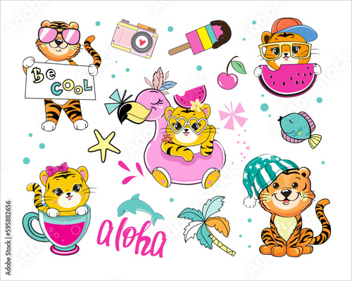 Vector illustration set of cartoon summer tigers. On an inflatable flamingo, with a watermelon, a cup, ice cream. Kawaii style for kids
