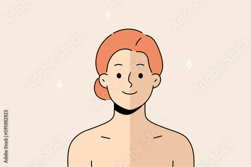 Portrait of woman with half face natural versus tan. Girl with tanned facial skin. Concept of beauty products and cosmetics. Vector illustration. 