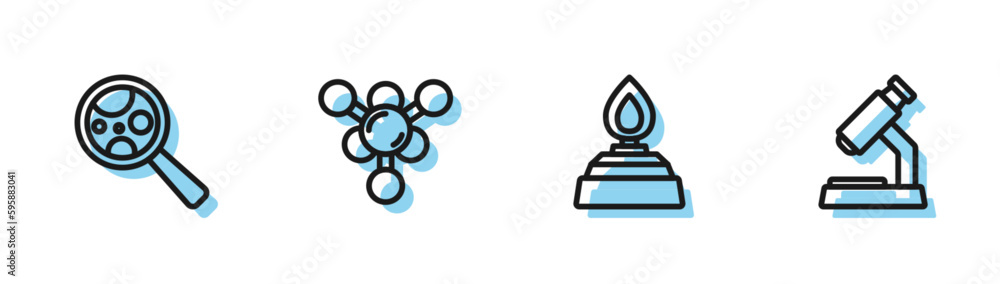 Set line Alcohol or spirit burner, Microorganisms under magnifier, Molecule and Microscope icon. Vector Set line Alcohol or spirit burner, Microorganisms under magnifier, Molecule and Microscope icon. Vector