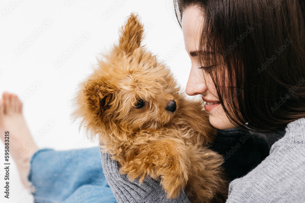 young beautiful woman in casual clothes hugs, kisses her beloved small fluffy dog while sitting on the floor on a white background. The concept of communicating with animals young beautiful woman in casual clothes hugs, kisses her beloved small fluffy dog while sitting on the floor on a white background. The concept of communicating with animals