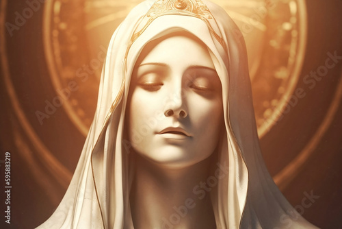 A painting of Mary in dark white and light gold style, mother of Jesus, Christianity, virgin mary, generative ai