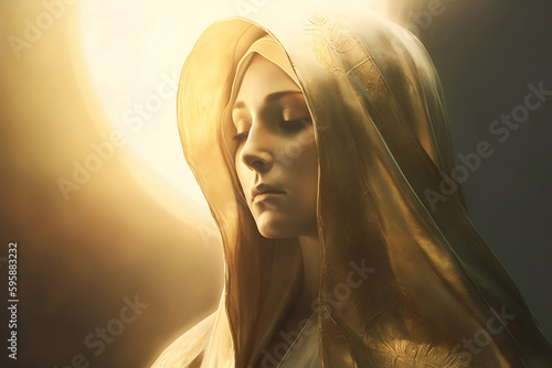 A painting of Mary in dark white and light gold style, mother of Jesus, Christianity, virgin mary, generative ai