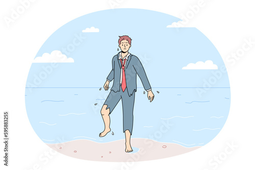 Confused businessman in torn suit walk out of ocean into beach. Frustrated male employee save after crash walk to seashore. Vector illustration. 