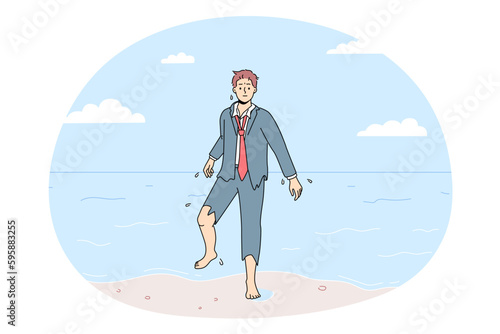 Confused businessman in torn suit walk out of ocean into beach. Frustrated male employee save after crash walk to seashore. Vector illustration. 