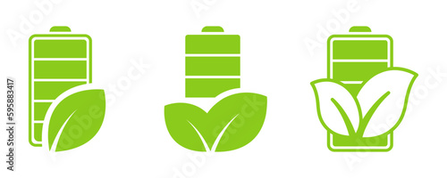 Set of battery and leaf vector icons. Green energy. Clean energy. Environmental conservation. 