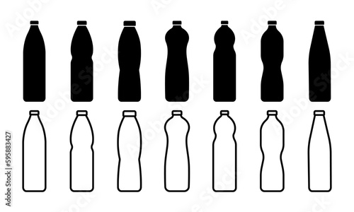 Set of plastic bottle vector icons on white background. Black silhouette of plastic bottle with cap. Vector 10 Eps.