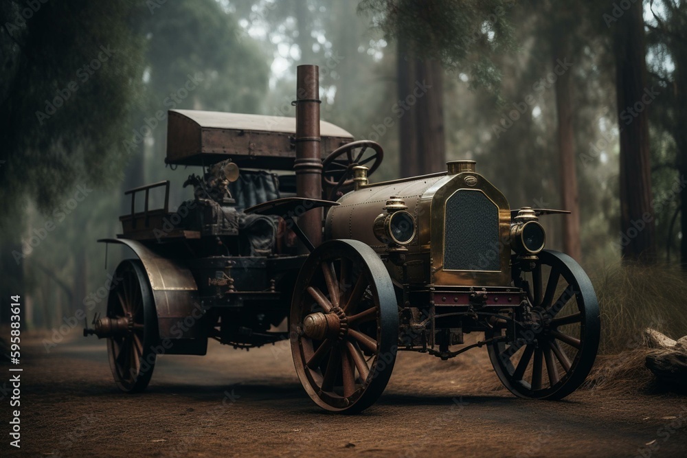 A locomobile, a type of early automobile powered by steam engines. It was commonly used for transportation and designed for off-road driving. Generative AI