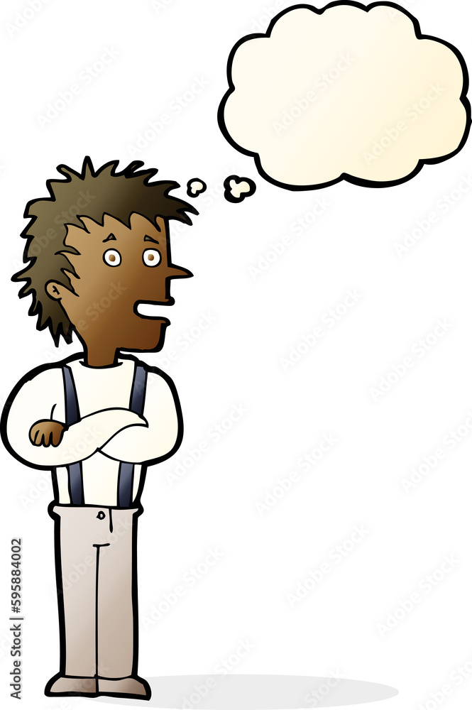 cartoon boy with folded arms with thought bubble