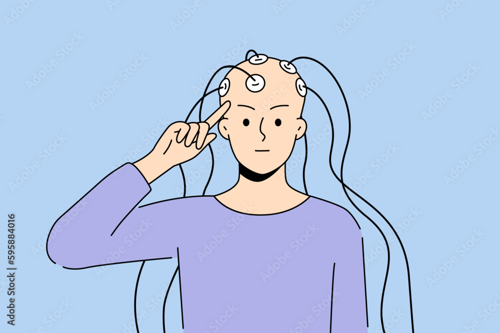 Bald person with electrodes connected to head engaged in neuroscience research. Patient having brain testing with EEG. Neurology and science. Vector illustration. Bald person with electrodes connected to head engaged in neuroscience research. Patient having brain testing with EEG. Neurology and science. Vector illustration.