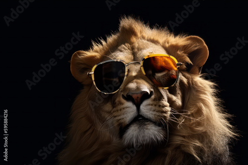 A trendy lion sporting shades poses against a vibrant yellow backdrop. The king of the jungle exudes confidence and coolness. AI Generative.