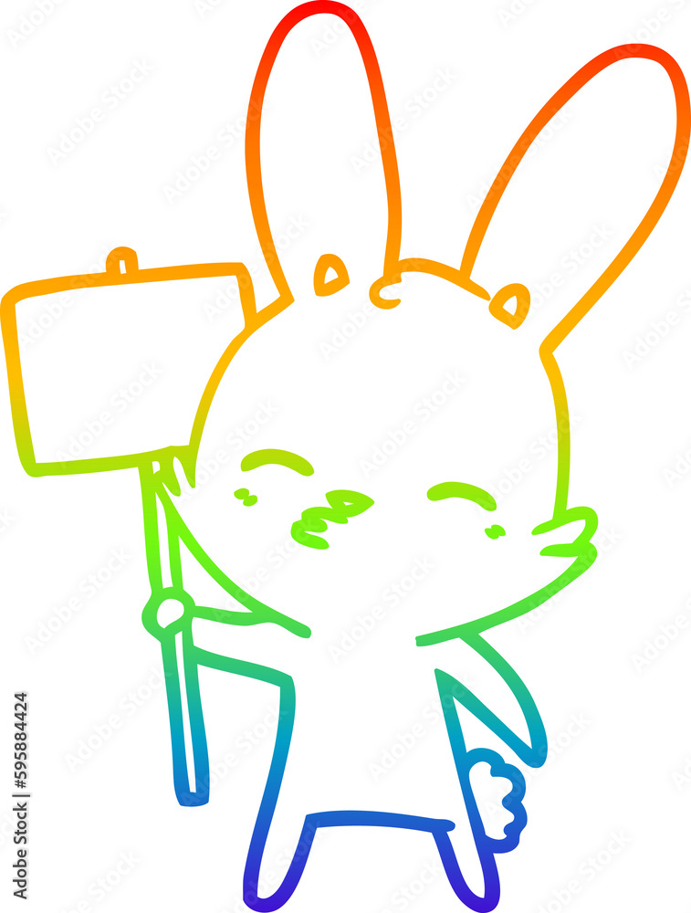 rainbow gradient line drawing of a curious bunny cartoon with placard rainbow gradient line drawing of a curious bunny cartoon with placard
