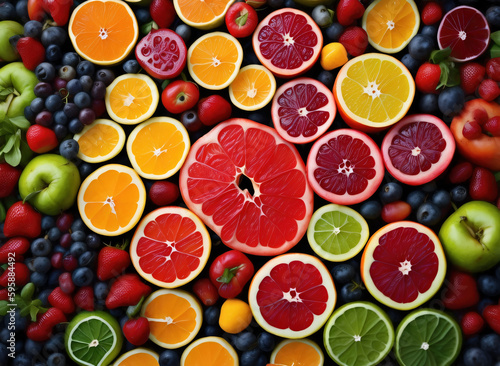 Vibrant summer fruits and berries texture background. Generative AI
