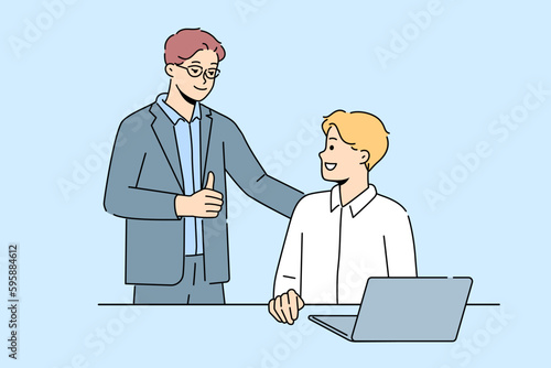 Smiling businessman show thumb up to male employee working on laptop in office. Happy employer praise good working man busy at computer. Vector illustration. 