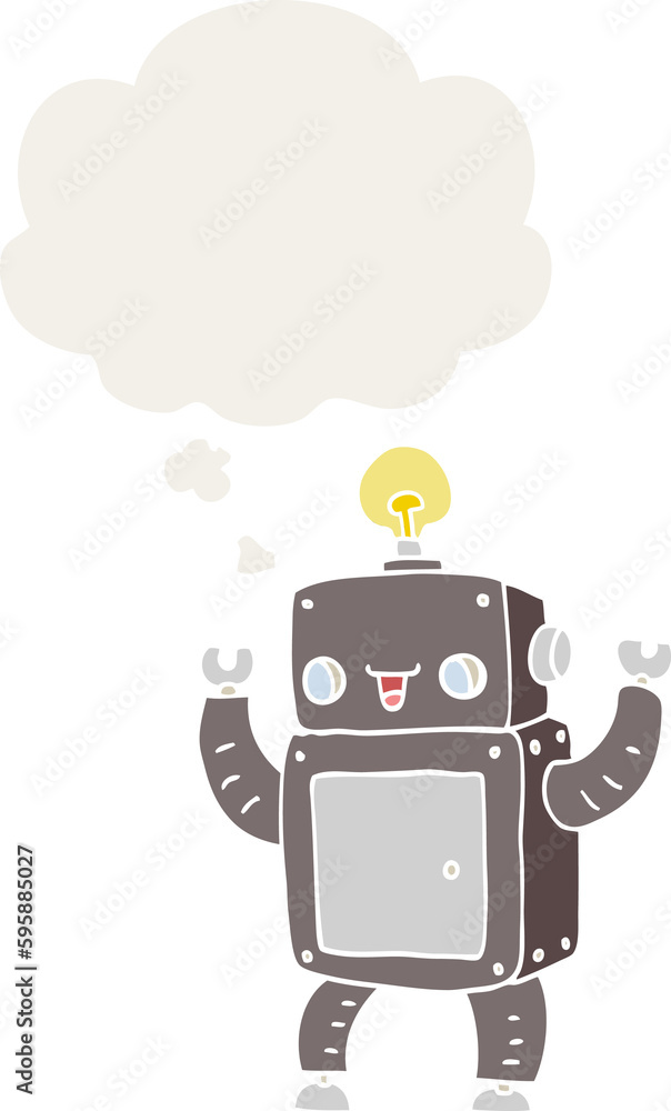 Naklejka premium cartoon happy robot with thought bubble in retro style