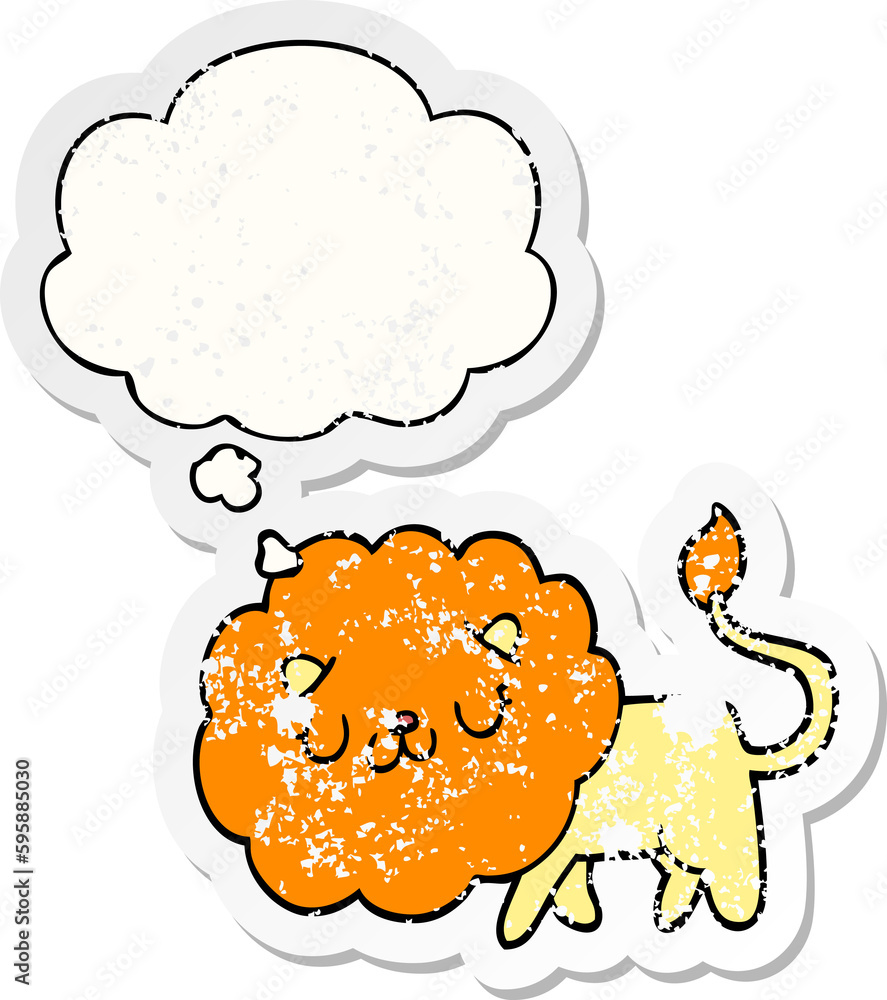 cartoon lion with thought bubble as a distressed worn sticker cartoon lion with thought bubble as a distressed worn sticker