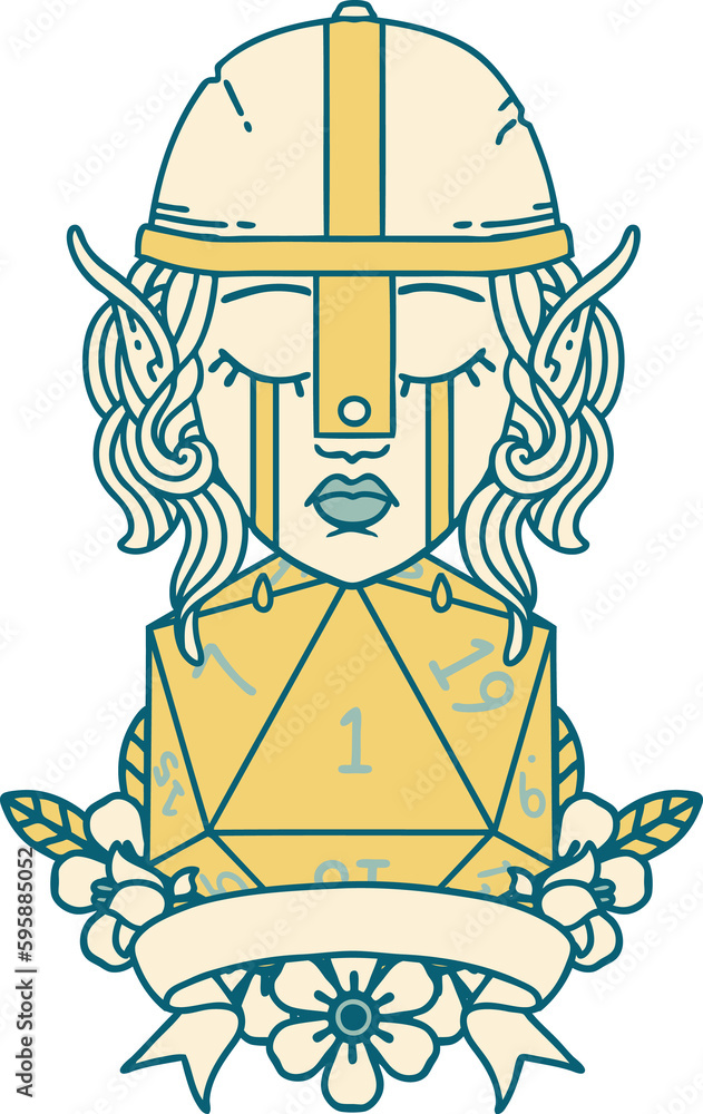 Retro Tattoo Style crying elf fighter character face with natural one D20 roll Retro Tattoo Style crying elf fighter character face with natural one D20 roll