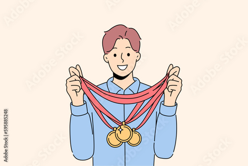 Smiling sportsman with numerous golden medals on neck. Happy man athlete with gold prize. Sport and achievement. Vector illustration. 