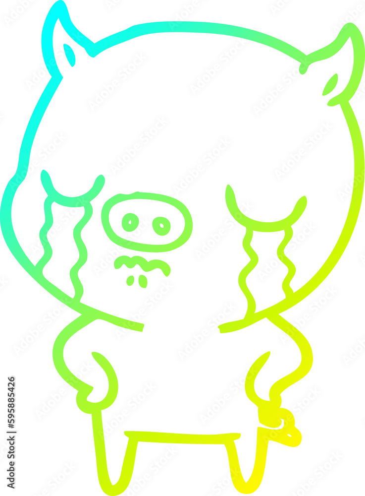 cold gradient line drawing of a cartoon pig crying with hands on hips cold gradient line drawing of a cartoon pig crying with hands on hips