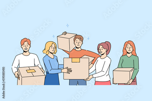 Smiling people with cardboard boxes moving together. Happy men and women with packages engaged in relocation to new home. Vector illustration. 