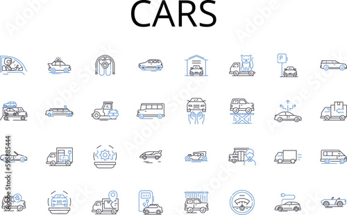 Cars line icons collection. Boats, Vans, Planes, Trucks, Cycles, Buses, Wagons vector and linear illustration. Jeeps,Sledges,Hovercrafts outline signs set