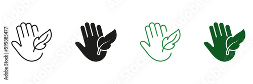 Hypoallergenic Concept Black and Green Icon Set. Sensitive Hand Skin Silhouette and Line Symbol. Soft Hypo Allergenic Sign. Dermatology Delicate Cosmetic, Feather Sign. Isolated Vector Illustration photo