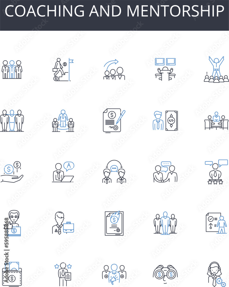 Coaching and mentorship line icons collection. Teaching and guidance, Leadership and direction, Training and instruction, Advice and counsel, Education and development, Support and encouragement
