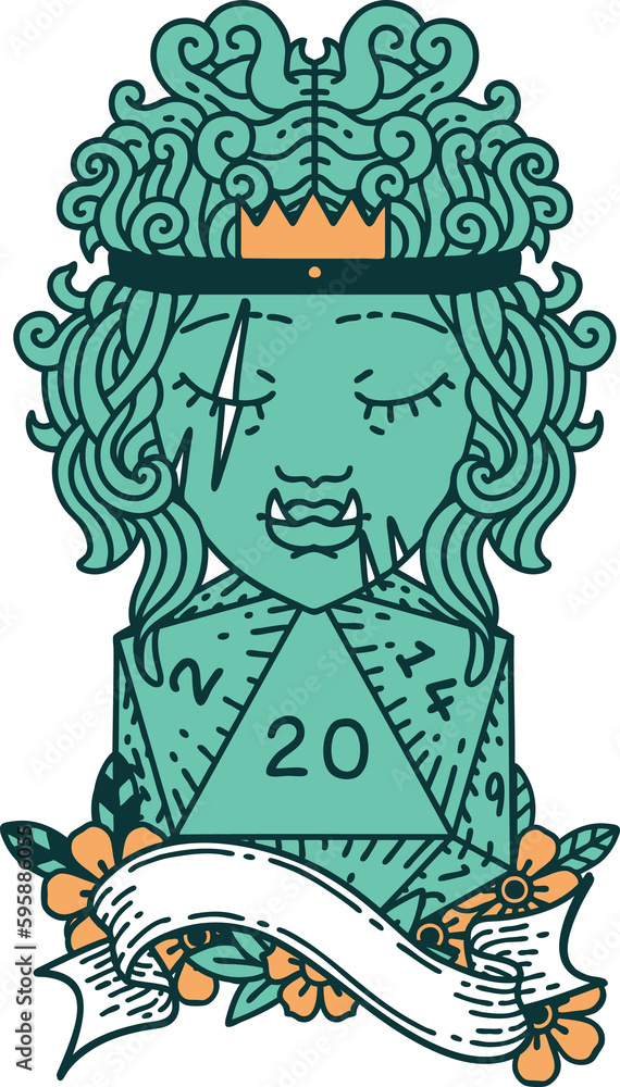Retro Tattoo Style half orc barbarian with natural twenty dice roll Retro Tattoo Style half orc barbarian with natural twenty dice roll