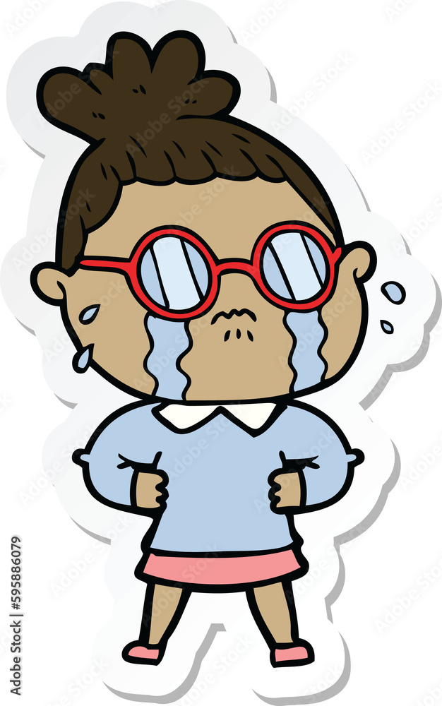 sticker of a cartoon crying woman wearing spectacles