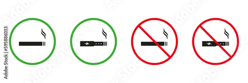 Smoking Area Red and Green Signs. Smoking Tobacco, Nicotine Cigarette, Vaping Silhouette Icons Set. Allowed and Prohibited Smoke Zone Pictogram. Isolated Vector Illustration