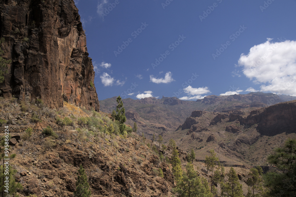 Gran Canaria, landscape of the southern part of the island along Barranco de Arguineguín steep and deep ravine
with vertical rock walls, circular hiking route starting at a hamlet Barranquillo Andres
