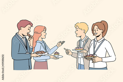 Smiling employees talk during coffee break at conference. Happy diverse businesspeople networking at lunch break at work seminar. Vector illustration. 