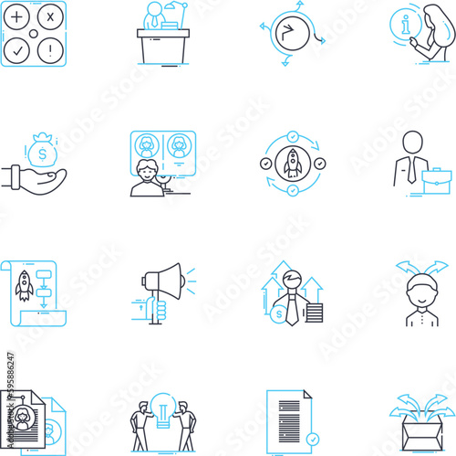 Brand unveiling linear icons set. Launch, Reveal, Debut, Introduction, Premire, Unveiling, Presentation line vector and concept signs. Exposition,Introduction,Embarkation outline illustrations photo