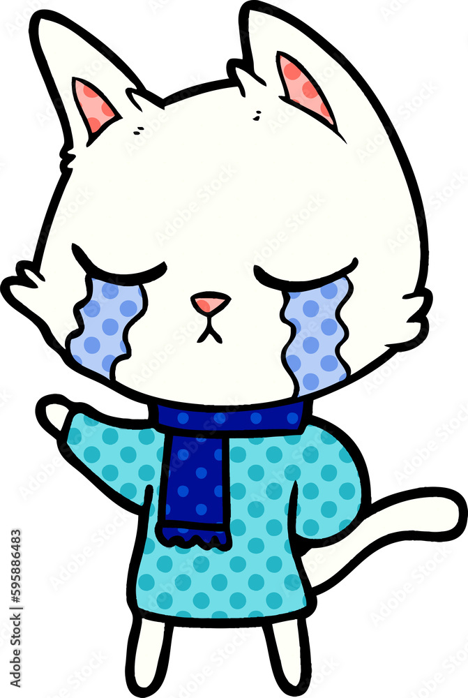 crying cartoon cat wearing winter clothes