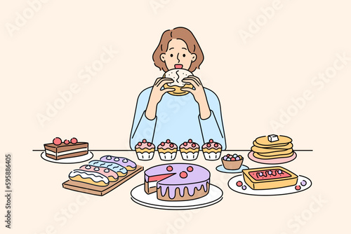 Woman sitting at desk eating many desserts and cakes. Unhappy girl overeating sweet cupcakes and sugar food. Gluttony and overeating. Vector illustration. 