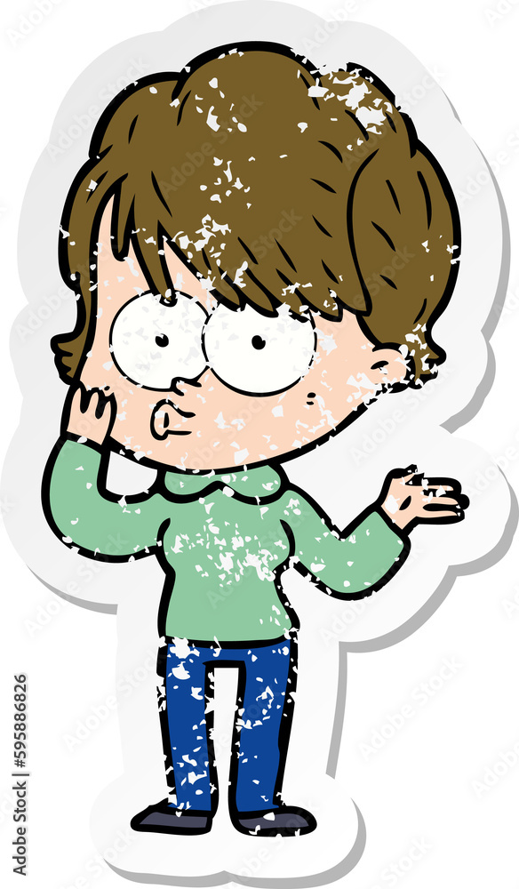 distressed sticker of a cartoon woman distressed sticker of a cartoon woman