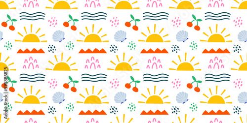 Colored Summer seamless pattern. Abstract shapes sun, waves, seashell. Sea vacation background in cutout style. Funny nature nautical texture design wallpaper. Flat graphic vector illustration