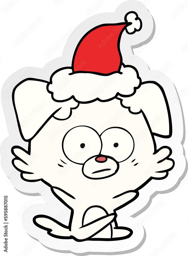 nervous dog hand drawn sticker cartoon of a wearing santa hat nervous dog hand drawn sticker cartoon of a wearing santa hat