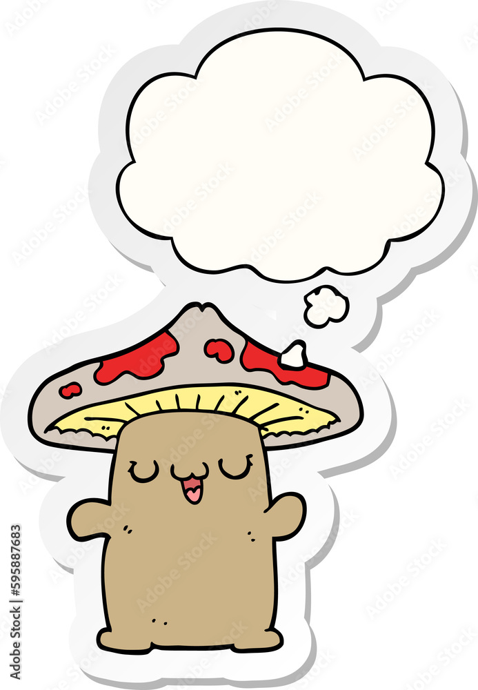 cartoon mushroom creature with thought bubble as a printed sticker cartoon mushroom creature with thought bubble as a printed sticker