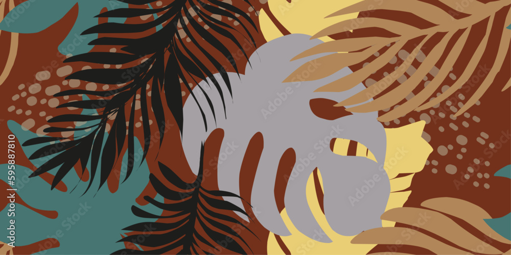 Vector tropical seamless pattern, tropical leaves and leopard spots. For printing on fabric, wallpaper, paper, tags, postcards. Flat vector design
