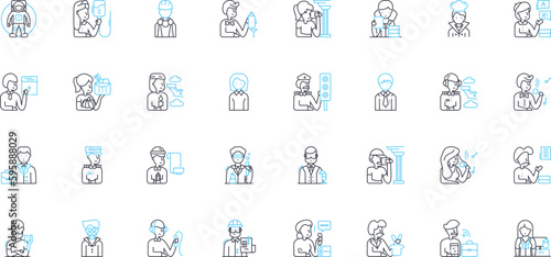 Pseudonyms linear icons set. Alias, Pen name, Nom de plume, Fake name, Alter ego, Incognito, Screen name line vector and concept signs. Nickname,Stage name,Persona outline illustrations